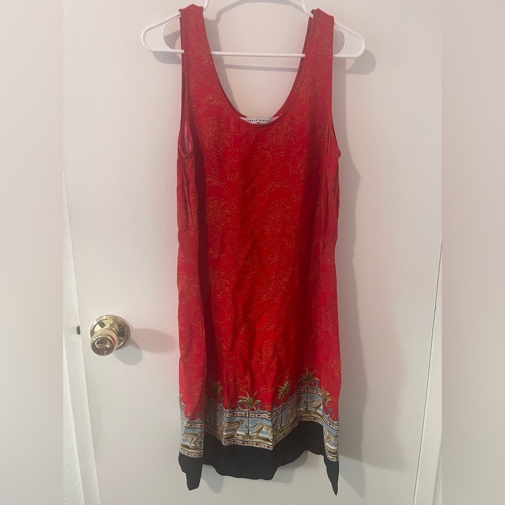 Vintage Rayon Red Dress Sleeveless Tropical Floral 100% Large Traffic People